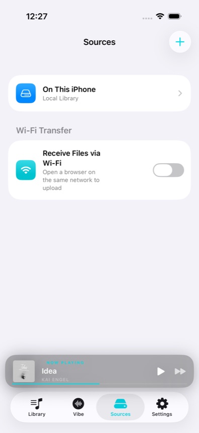 Sources screen listing connected music sources